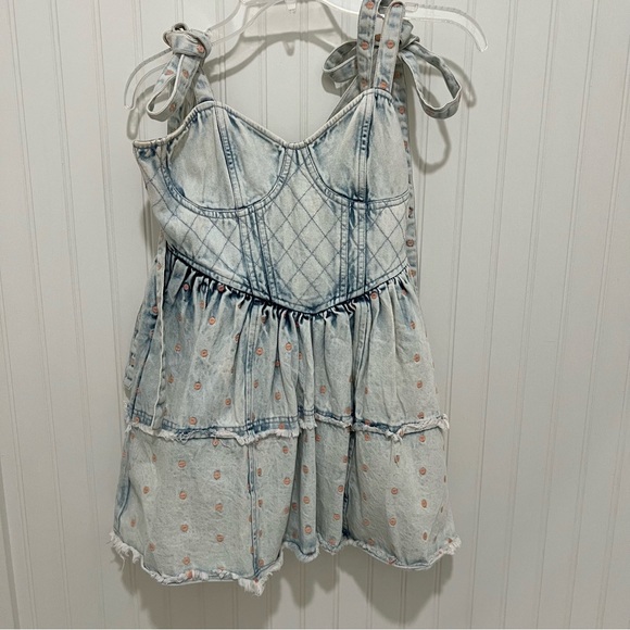 LoveShackFancy denim polka dot tiered Mini Dress 2 Dorna - Picture 1 of 5